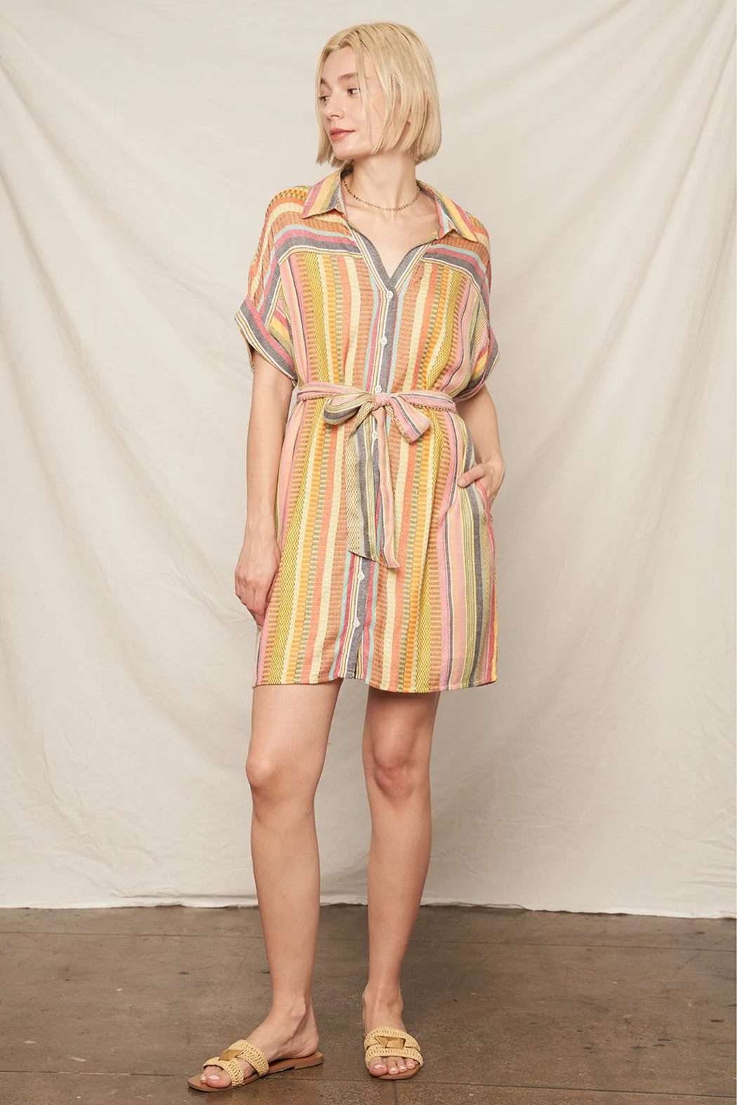 MIXED STRIPE SHORT SLEEVE SHIRT DRESS