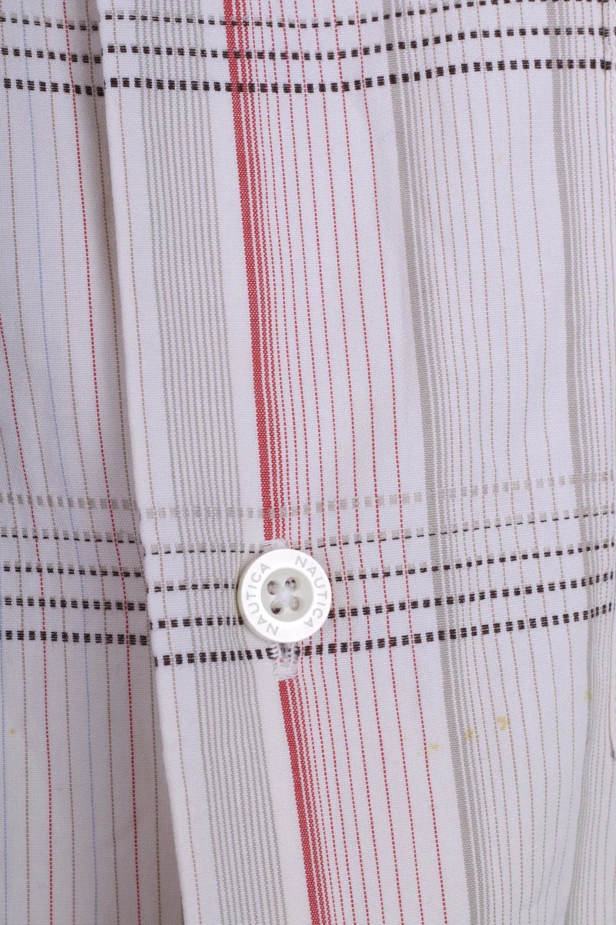 Nautica Mens M Casual Shirt Check Ecru Cotton Short Sleeve