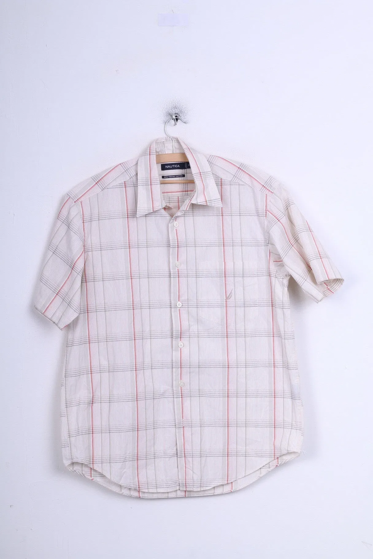 Nautica Mens M Casual Shirt Check Ecru Cotton Short Sleeve