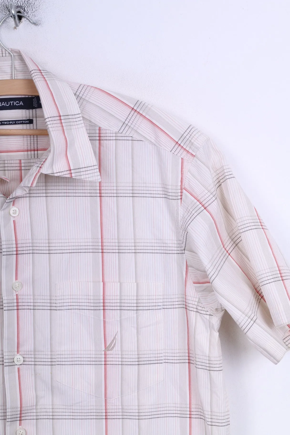Nautica Mens M Casual Shirt Check Ecru Cotton Short Sleeve