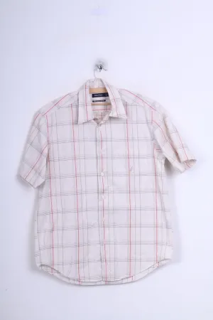 Nautica Mens M Casual Shirt Check Ecru Cotton Short Sleeve