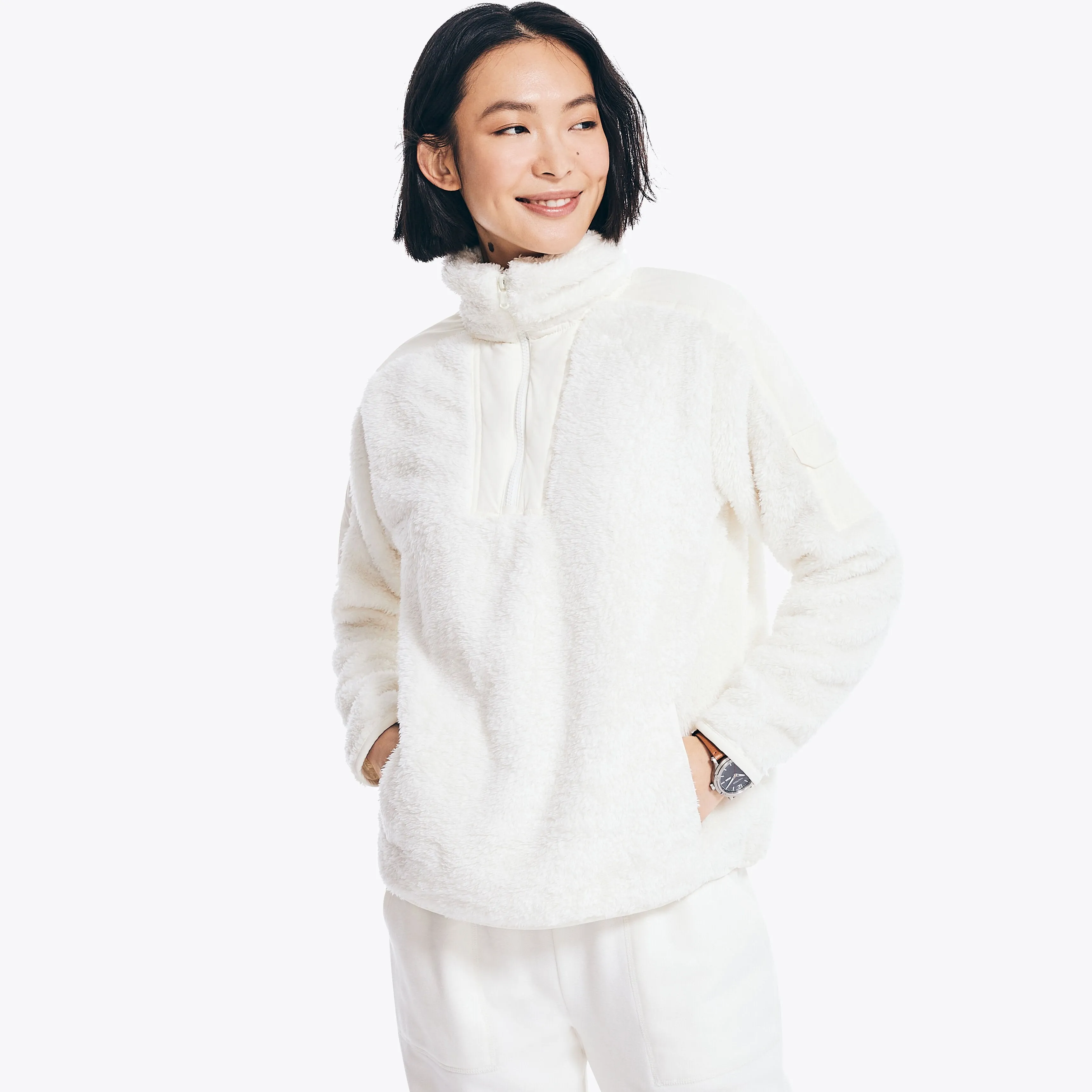 Nautica Womens Mixed Media Quarter-Zip Sherpa Fleece