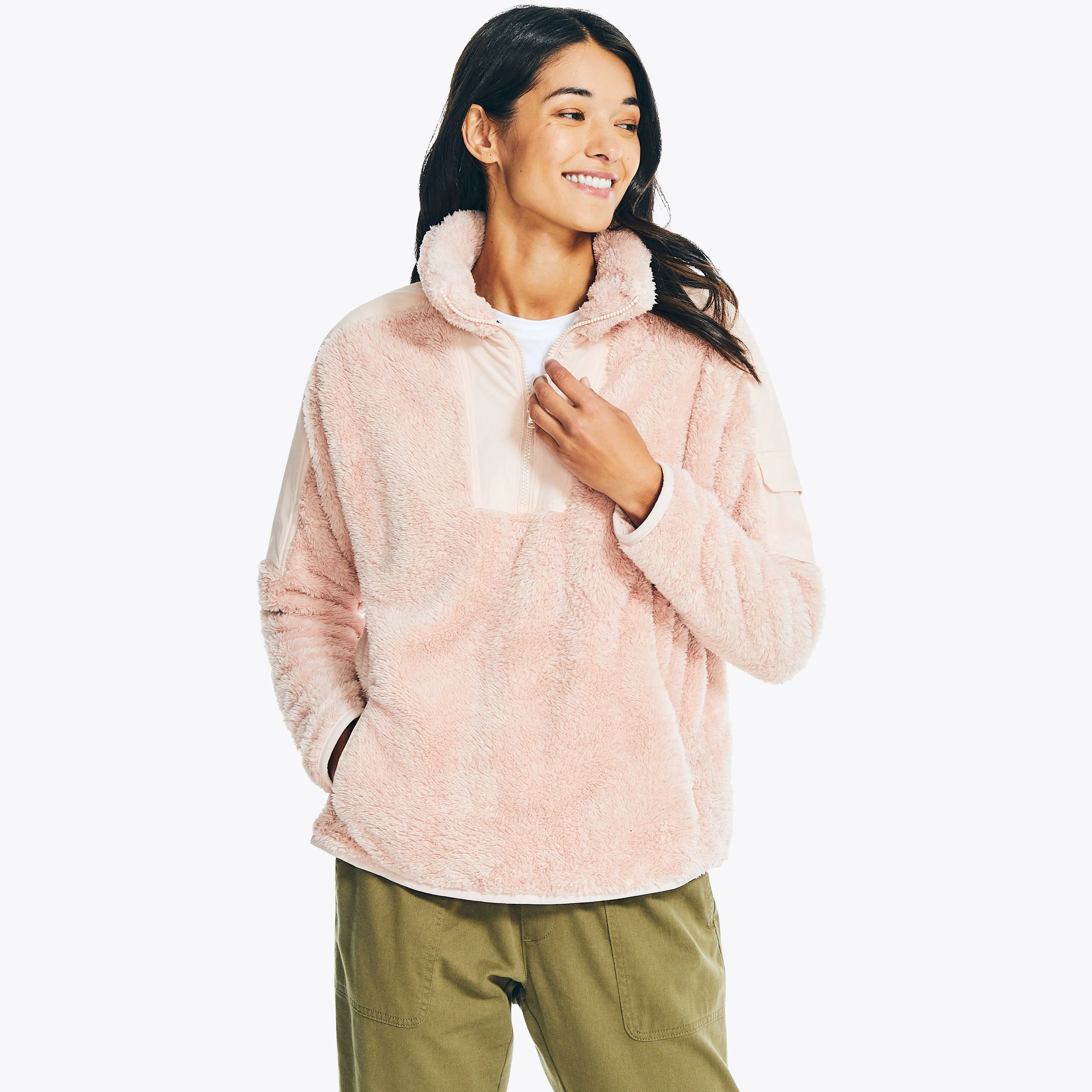 Nautica Womens Mixed Media Quarter-Zip Sherpa Fleece