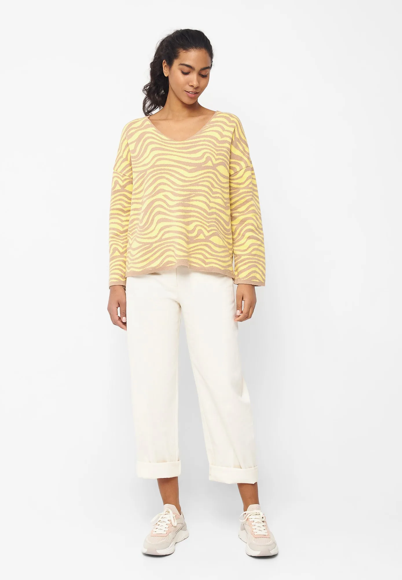 Organic Cotton Jacquard Knit Sweater PALOMA - Brown / Yellow (Waves) Givn Berlin