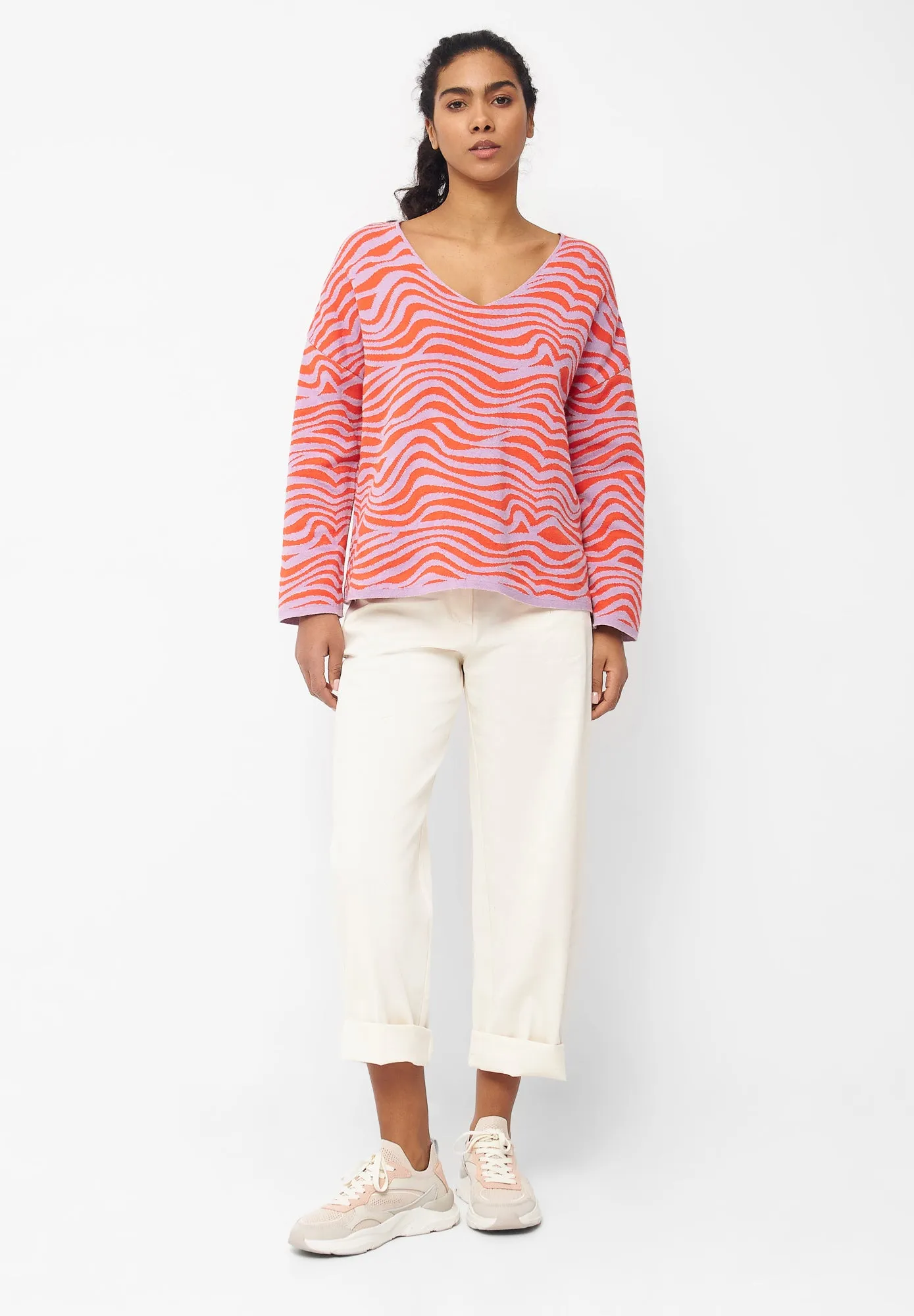 Organic Cotton Jacquard Knit Sweater PALOMA - Lavender / Orange (Waves) Givn Berlin