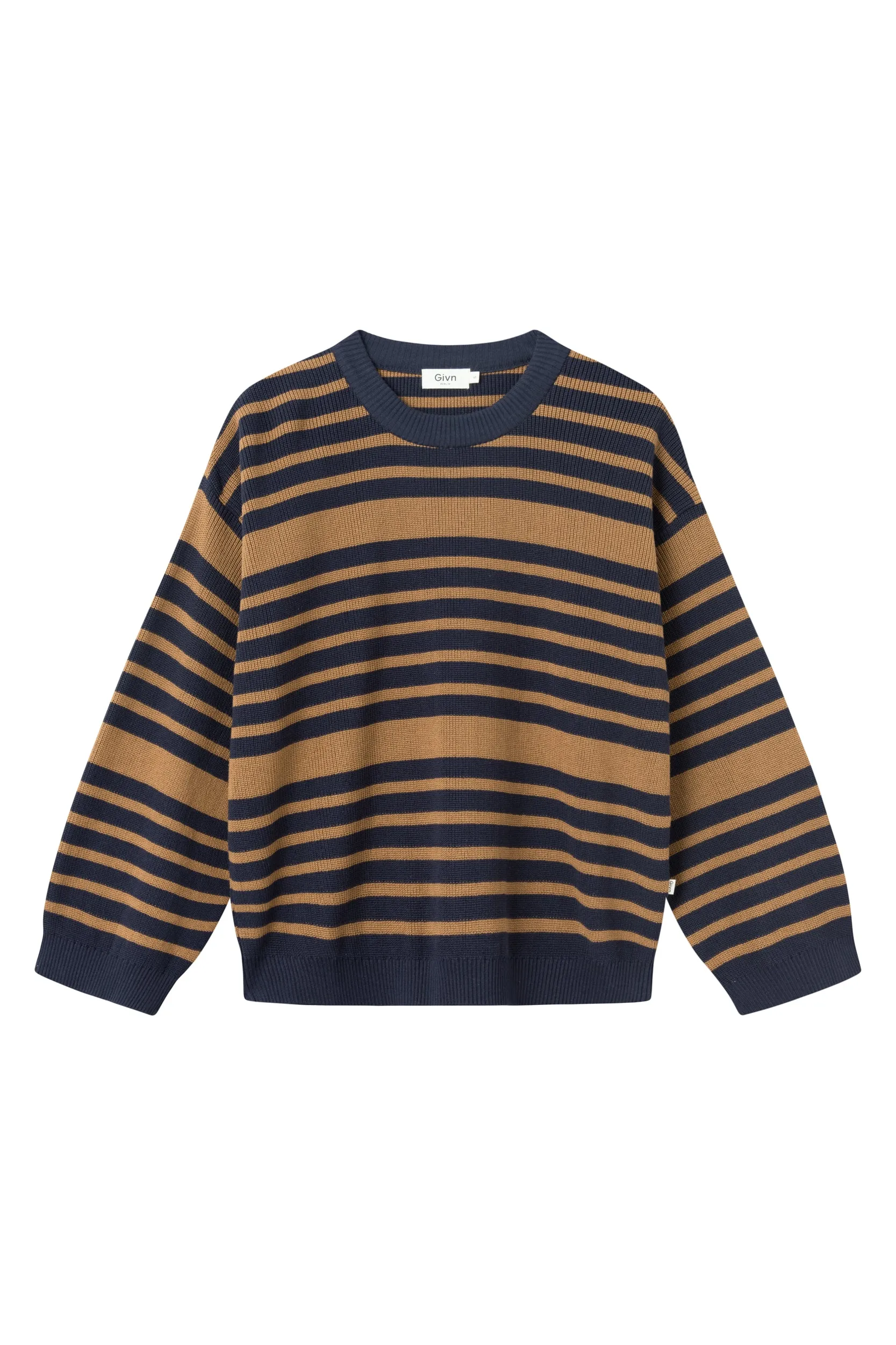 Organic Cotton Knit Sweater BECKY - Midnight Blue / Caramel Brown (Stripes) Givn Berlin