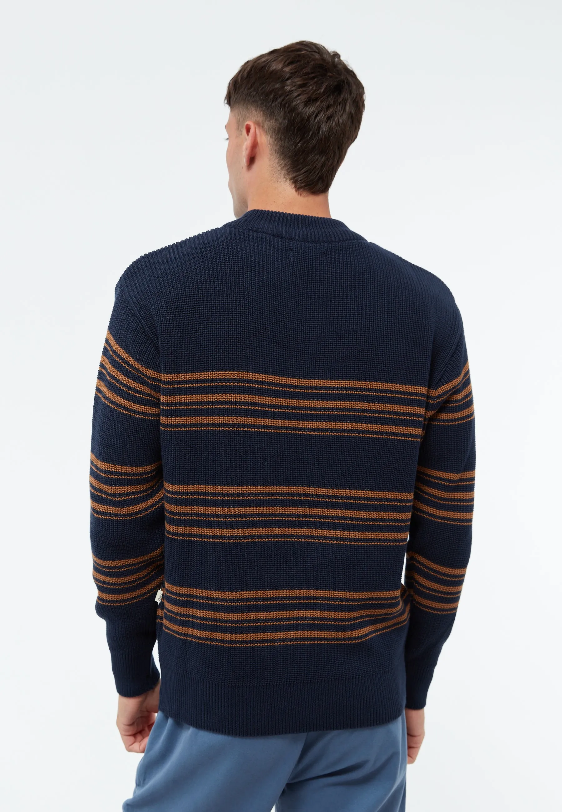 Organic Cotton Knit Sweater KAY - Midnight Blue / Caramel Brown (Stripes) Givn Berlin