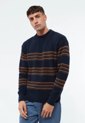 Organic Cotton Knit Sweater KAY - Midnight Blue / Caramel Brown (Stripes) Givn Berlin