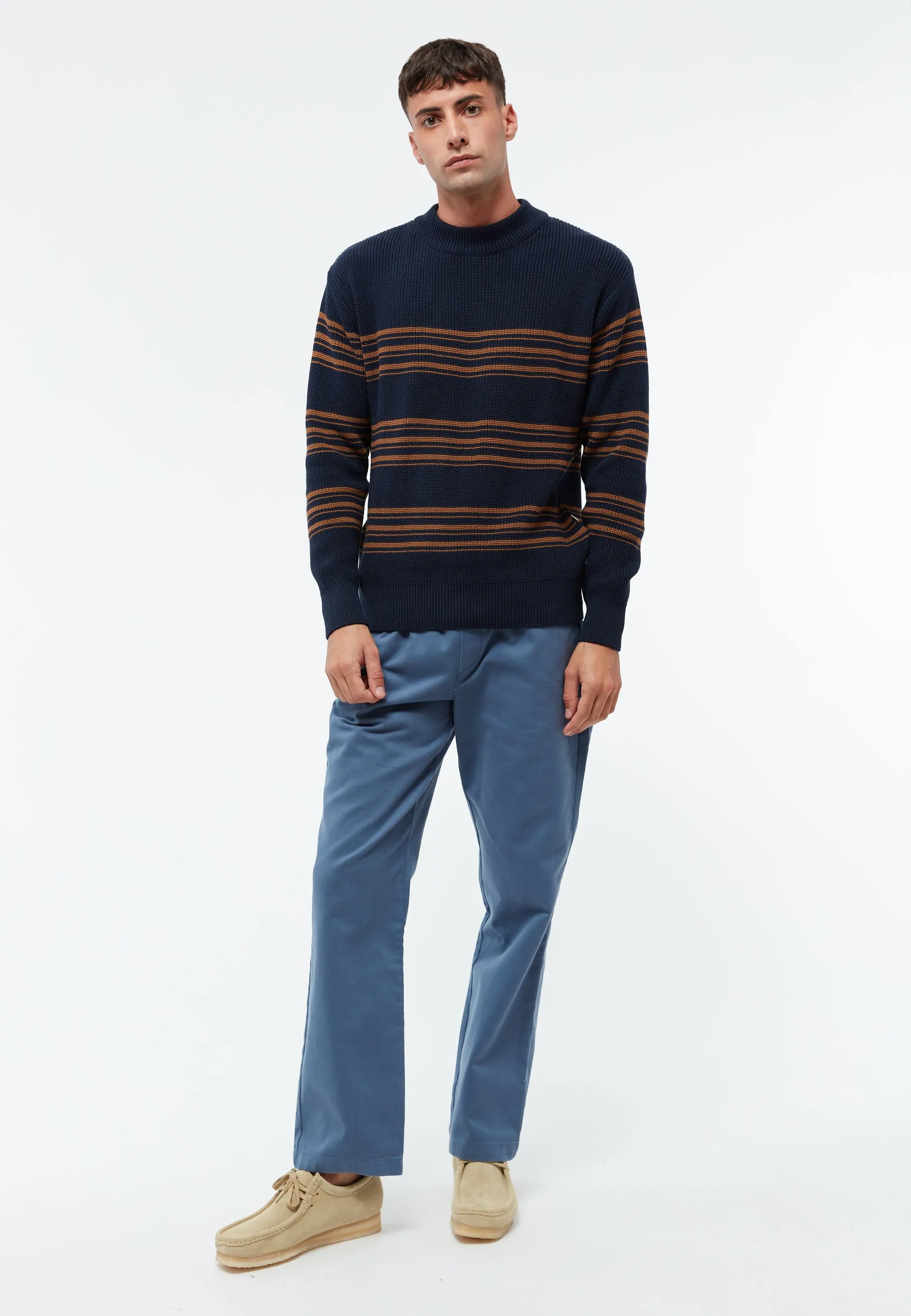 Organic Cotton Knit Sweater KAY - Midnight Blue / Caramel Brown (Stripes) Givn Berlin