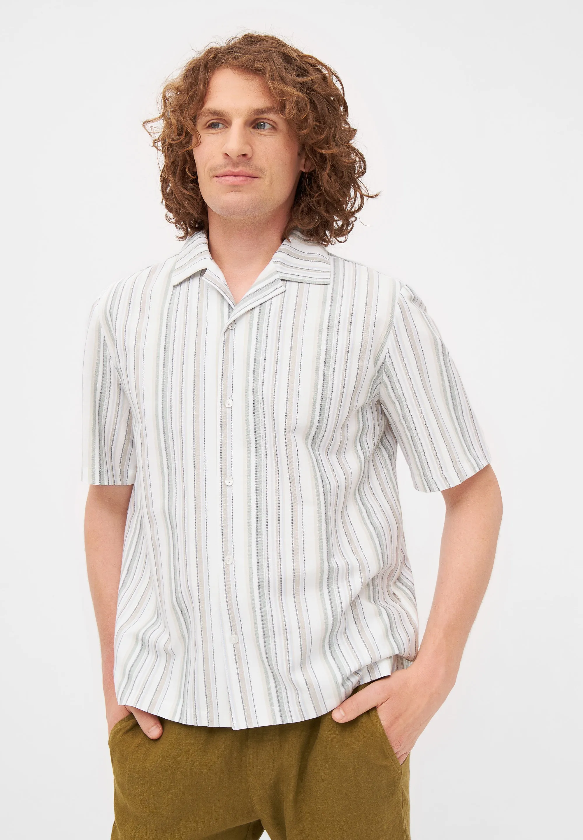 Organic Cotton Short Sleeve Shirt LUCA - Olive Green / Beige (Stripes) Givn Berlin