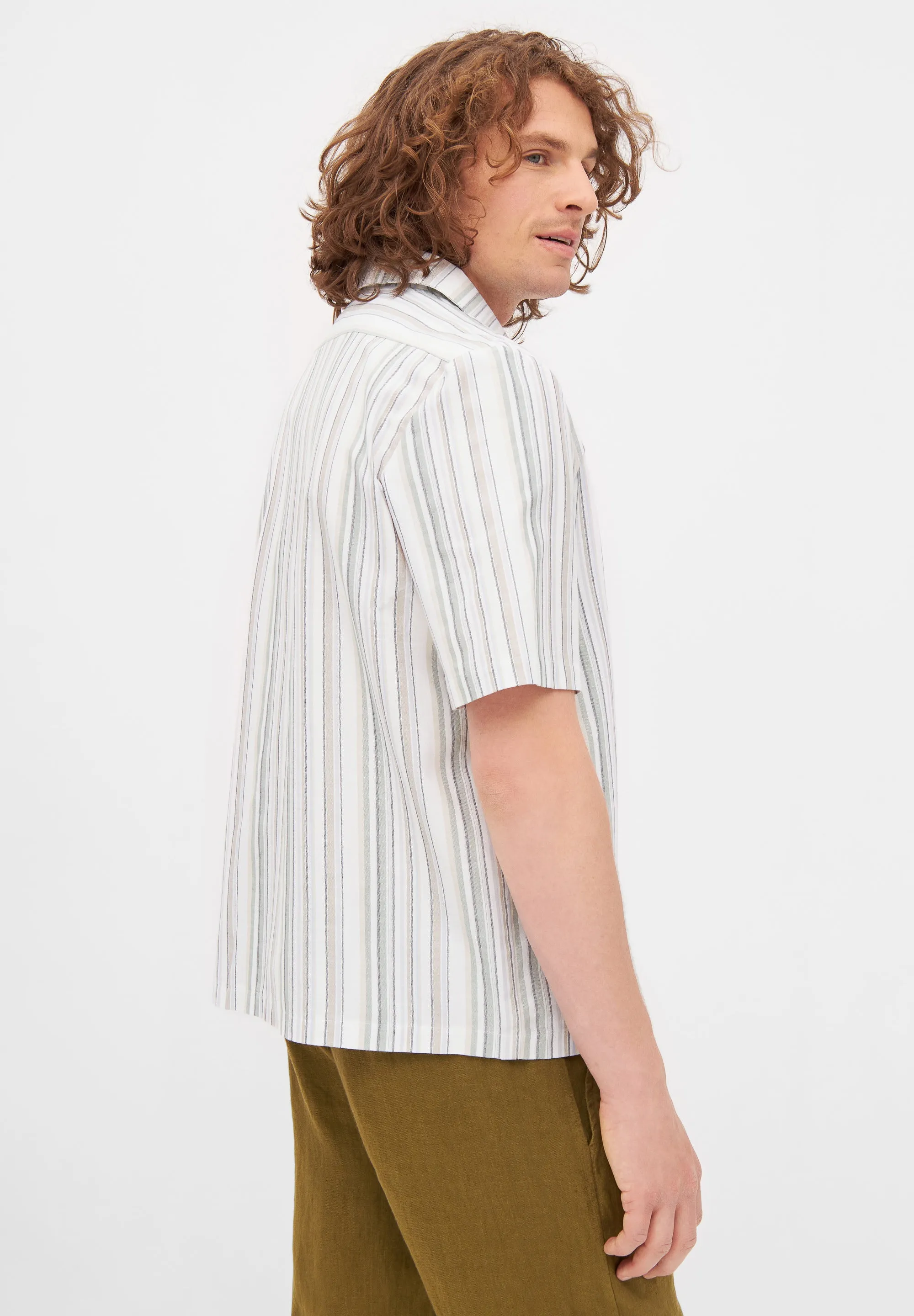 Organic Cotton Short Sleeve Shirt LUCA - Olive Green / Beige (Stripes) Givn Berlin