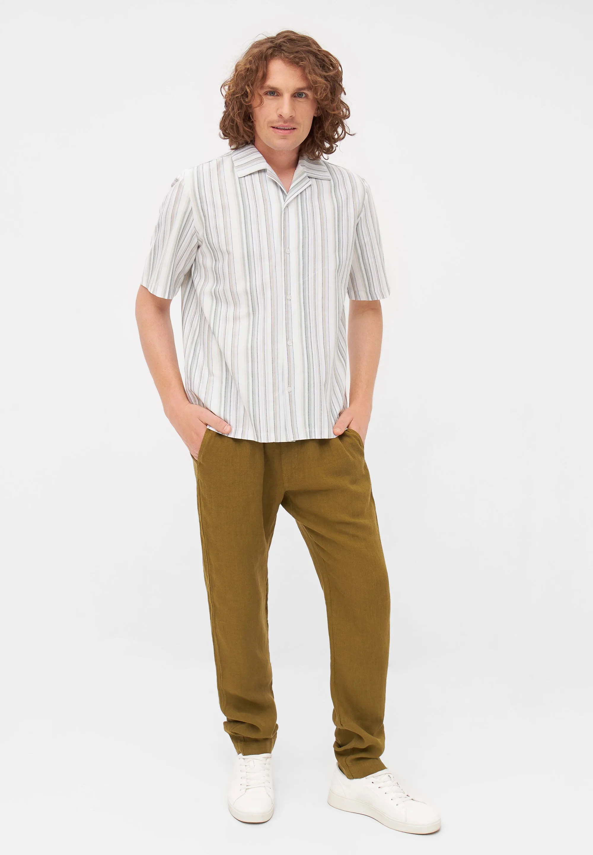 Organic Cotton Short Sleeve Shirt LUCA - Olive Green / Beige (Stripes) Givn Berlin