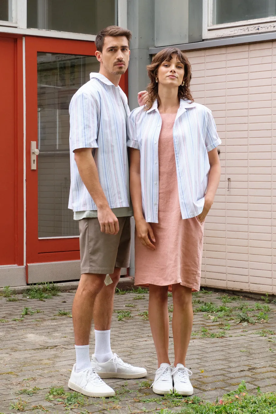 Organic Cotton Short Sleeve Shirt LUCA - Peach / Light Blue (Stripes) Givn Berlin