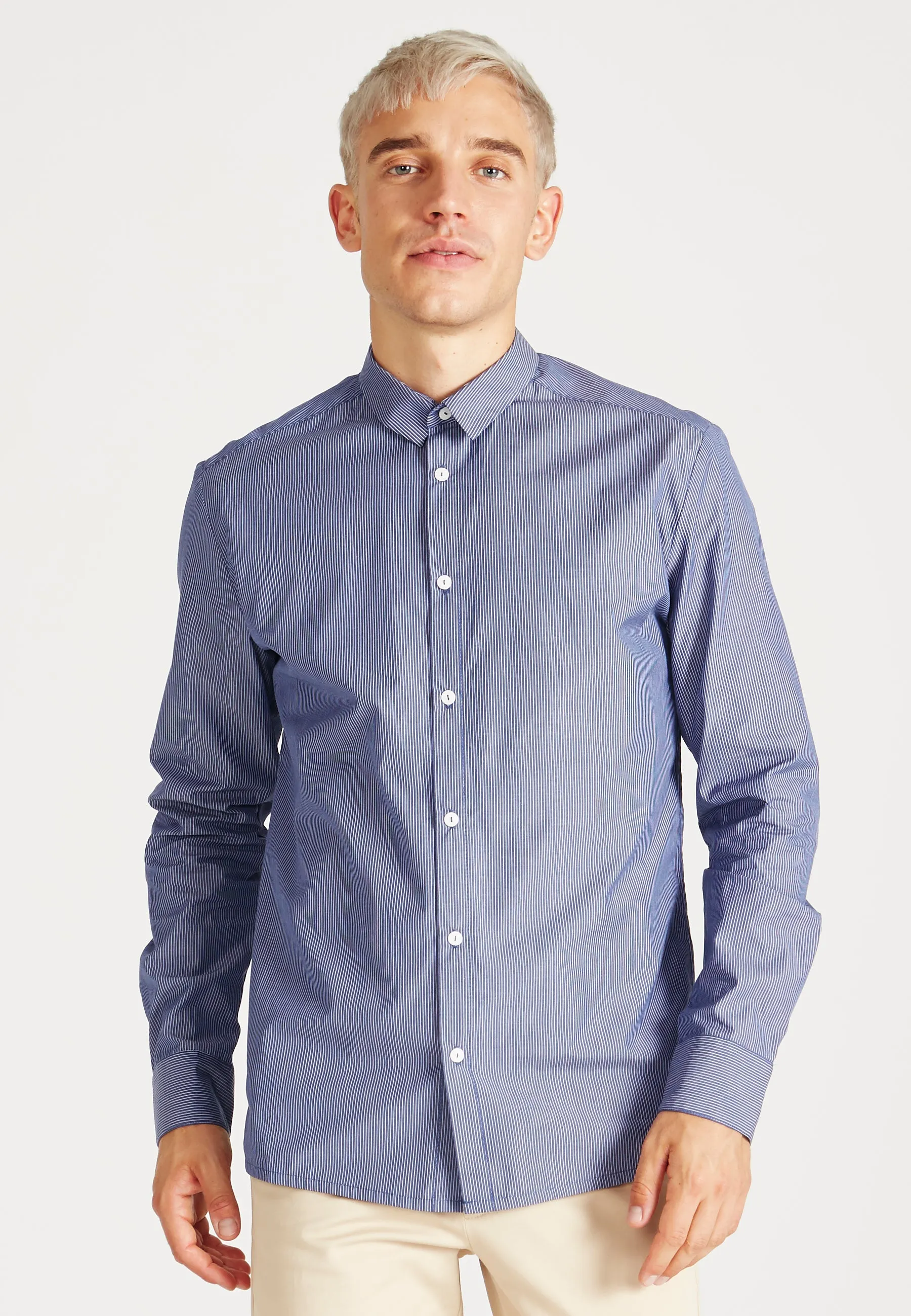 Organic Cotton Stripe Shirt KENT - Navy Blue / White  (Thin Stripes) Givn Berlin