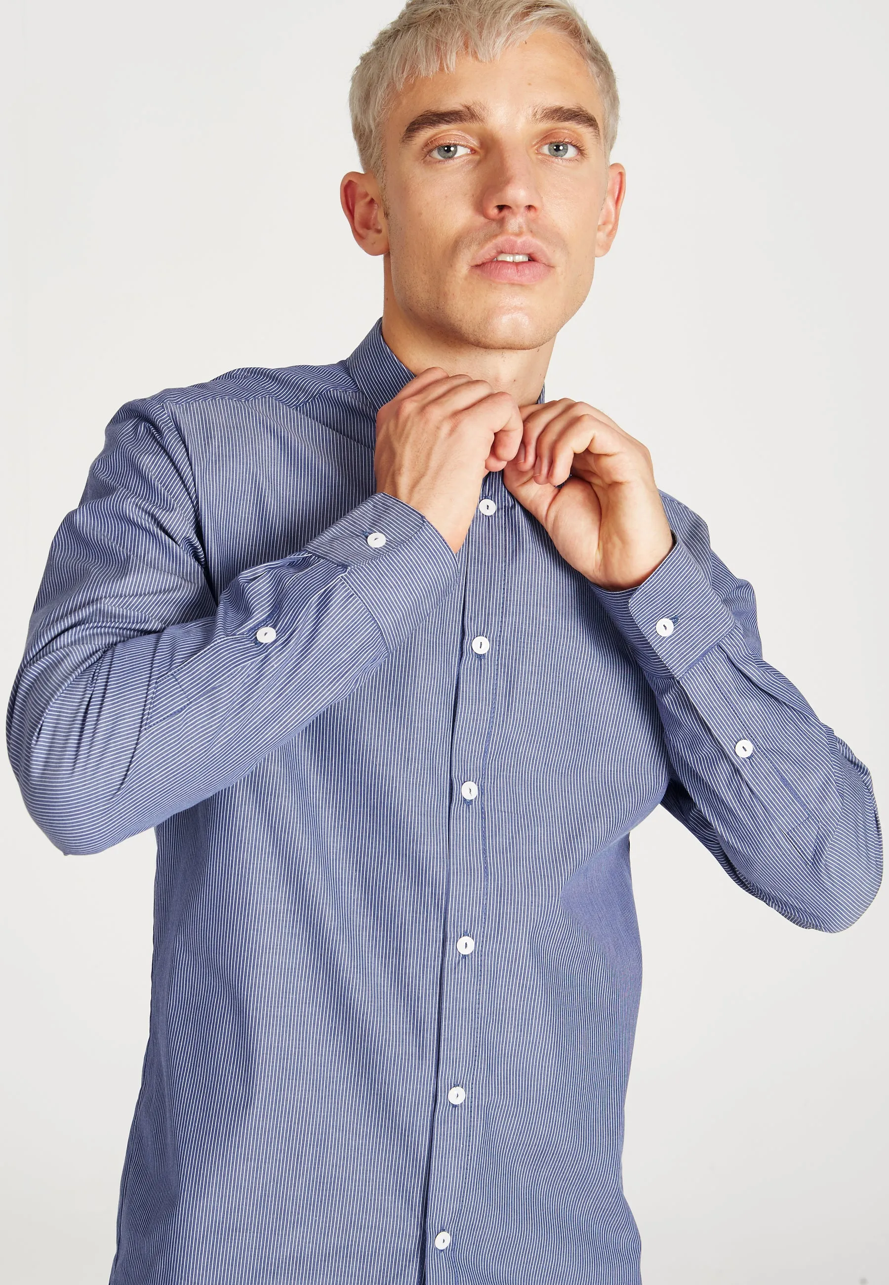 Organic Cotton Stripe Shirt KENT - Navy Blue / White  (Thin Stripes) Givn Berlin