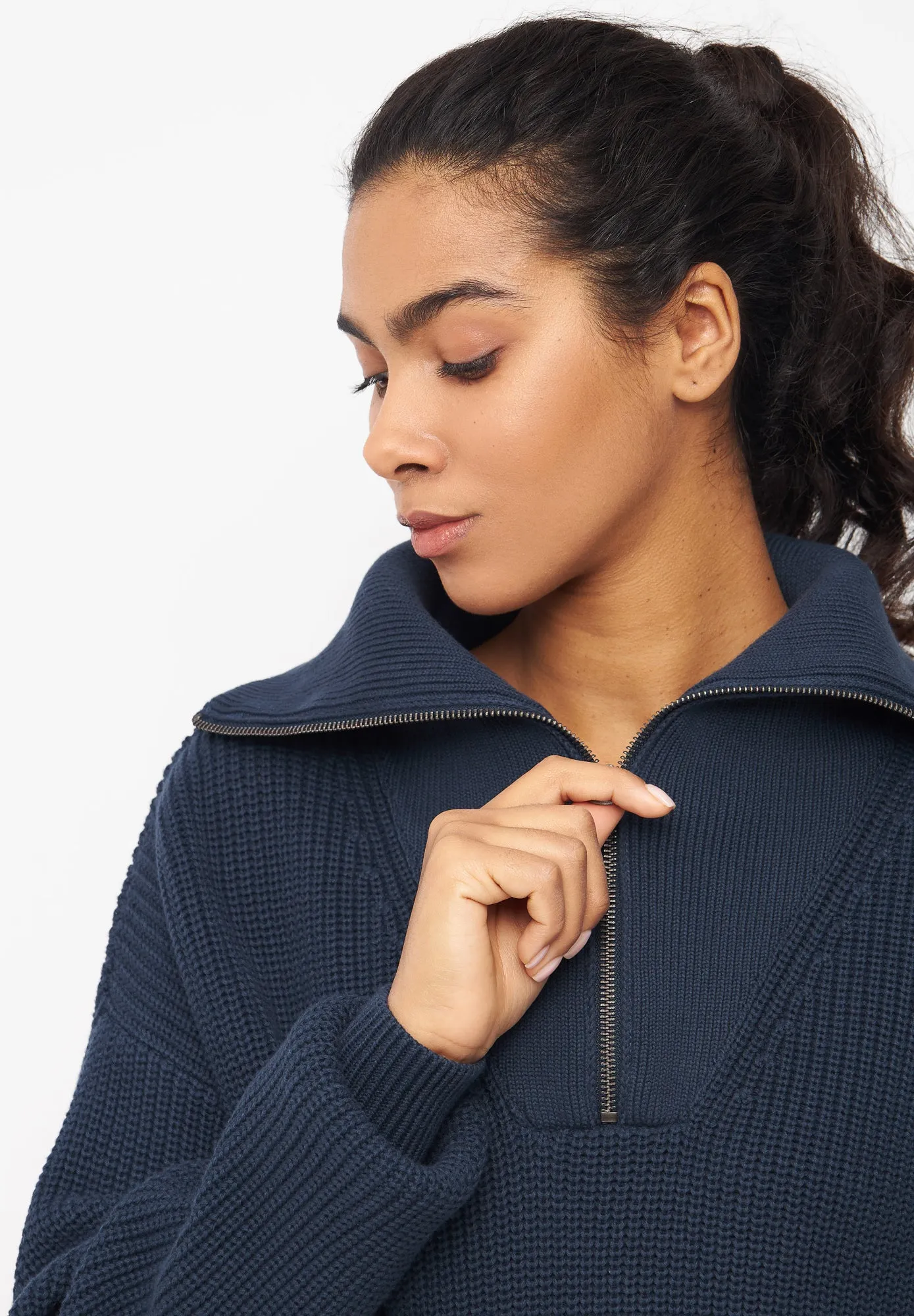 Organic Cotton Troyer Knit Sweater LUZ - Midnight Blue Givn Berlin