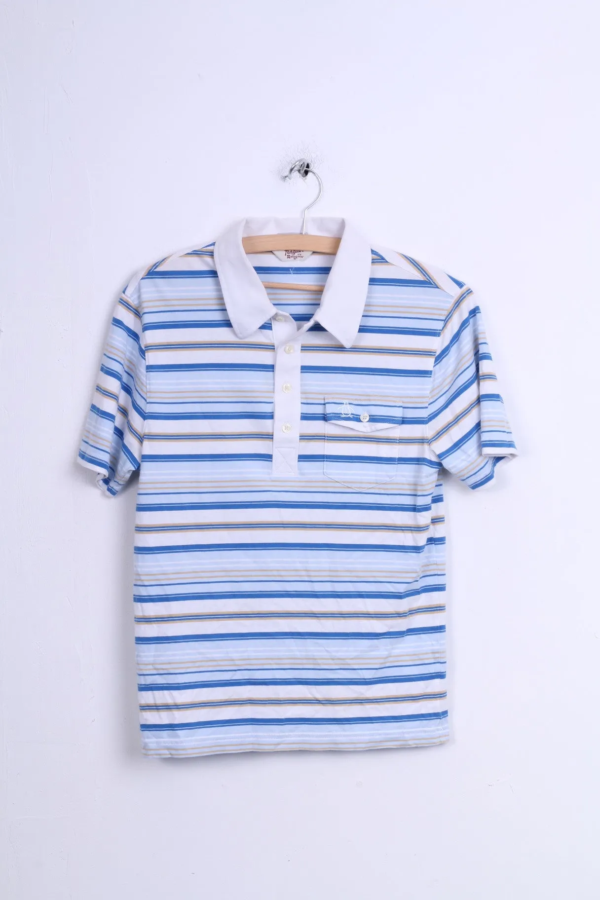 Penguin Mens M Polo Shirt White Short Sleeve Cotton Striped
