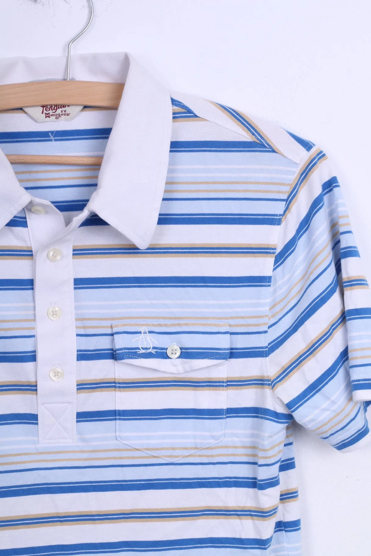 Penguin Mens M Polo Shirt White Short Sleeve Cotton Striped