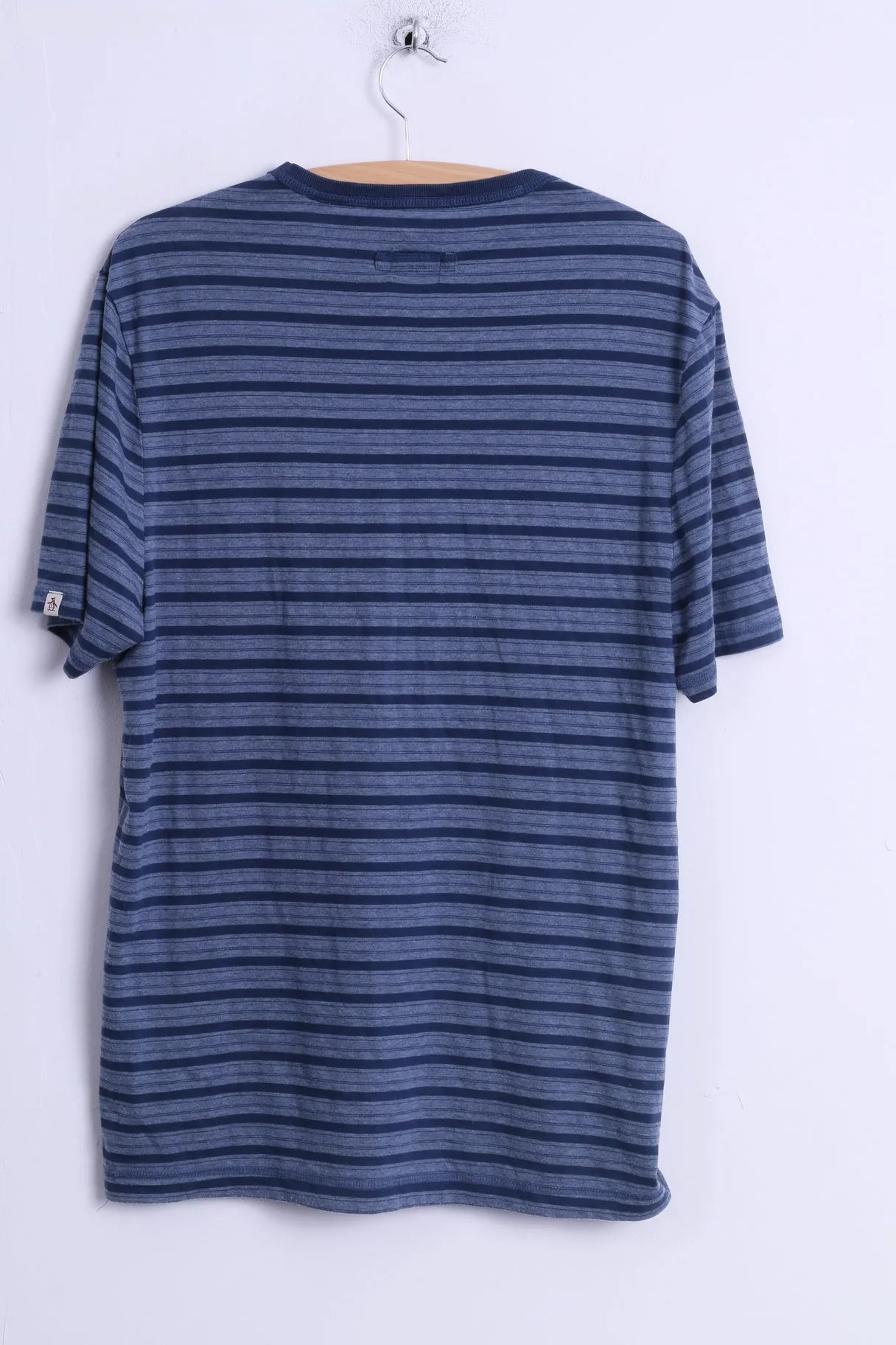 Penguin Mens XL T-Shirt Blue Cotton Crew Neck Striped Casual Soft Stretch Top
