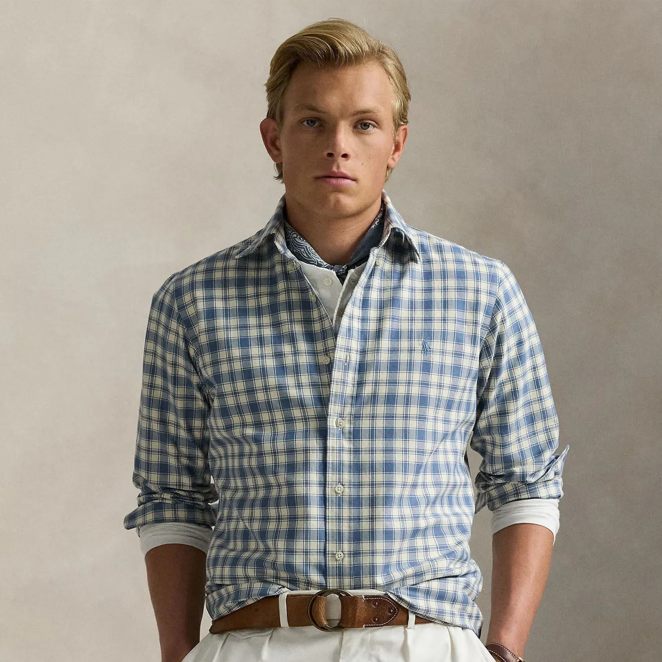Polo Ralph Lauren Custom Fit Plaid Oxford Shirt Blue Cream