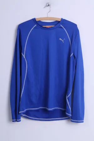 Puma Mens L Long Sleeved Shirt Blue Stertch Training Sport Football Crew Neck Top