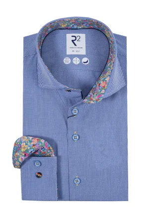 R2 Cut Away Collar Long Sleeved Shirt Blue Check