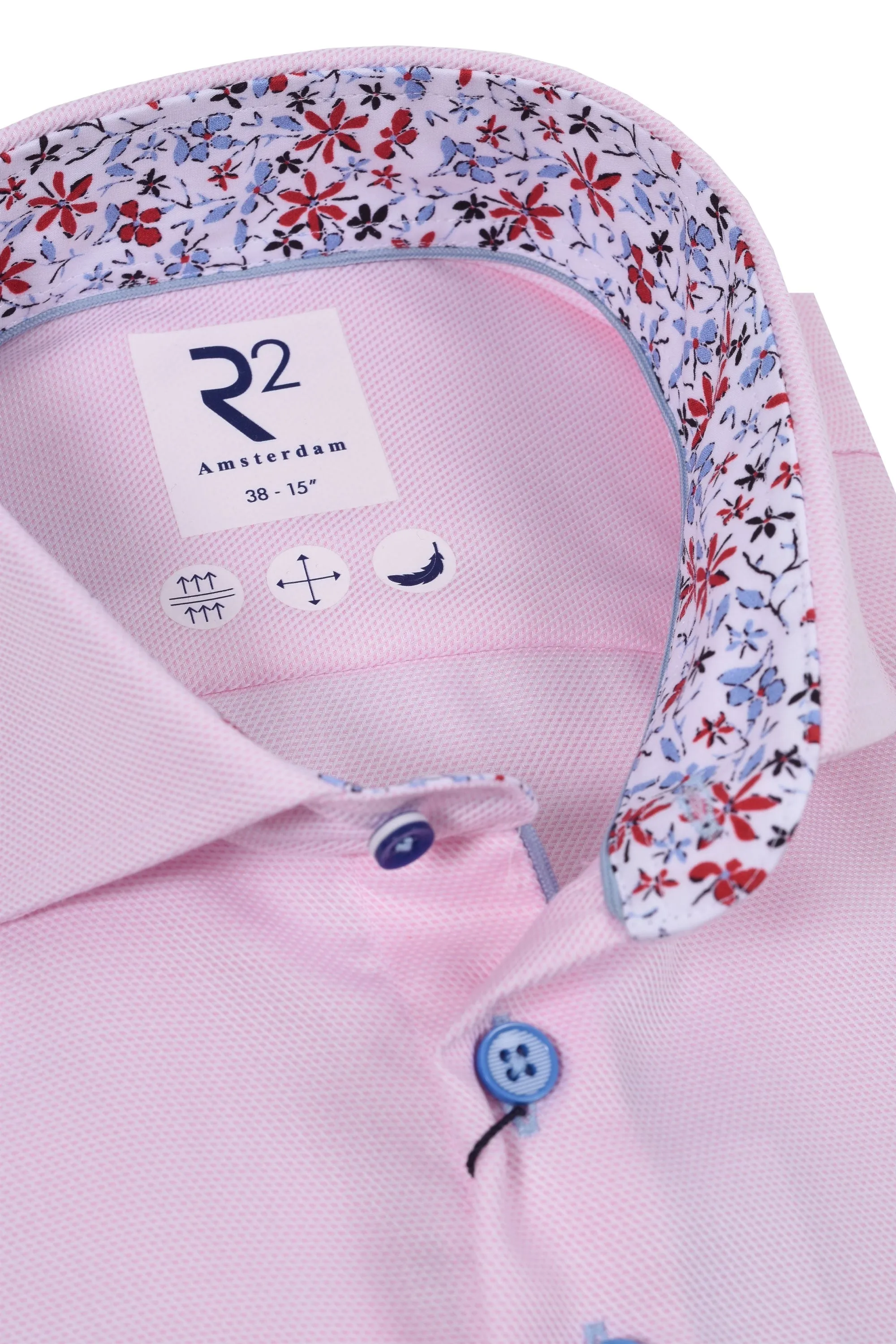 R2 Cut Away Collar Long Sleeved Shirt Pink with Blue Floral Trim