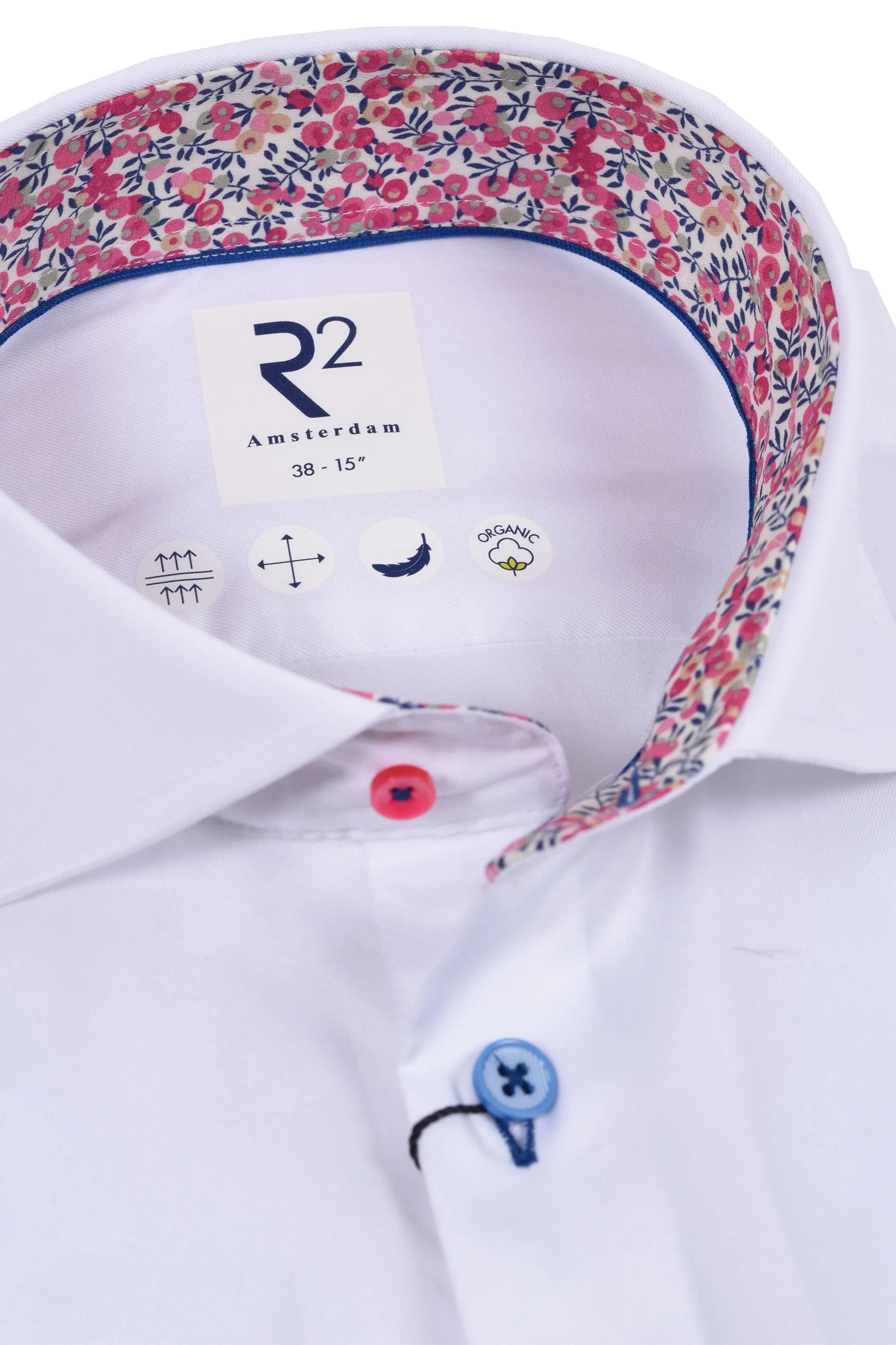 R2 Cut Away Collar Long Sleeved Shirt White with Pink Floral Trim