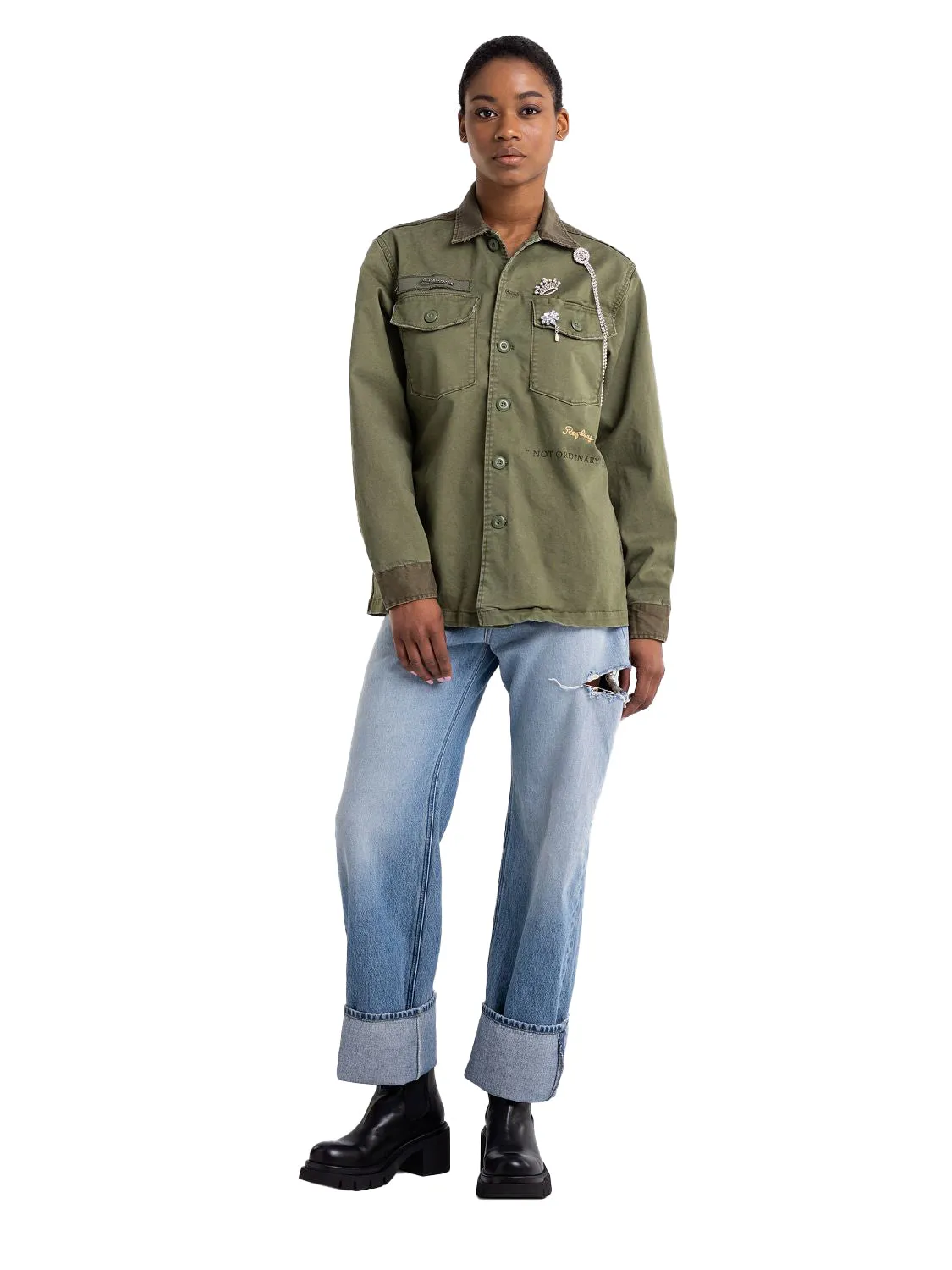 Replay Army Over-shirt With Jewel Brooches