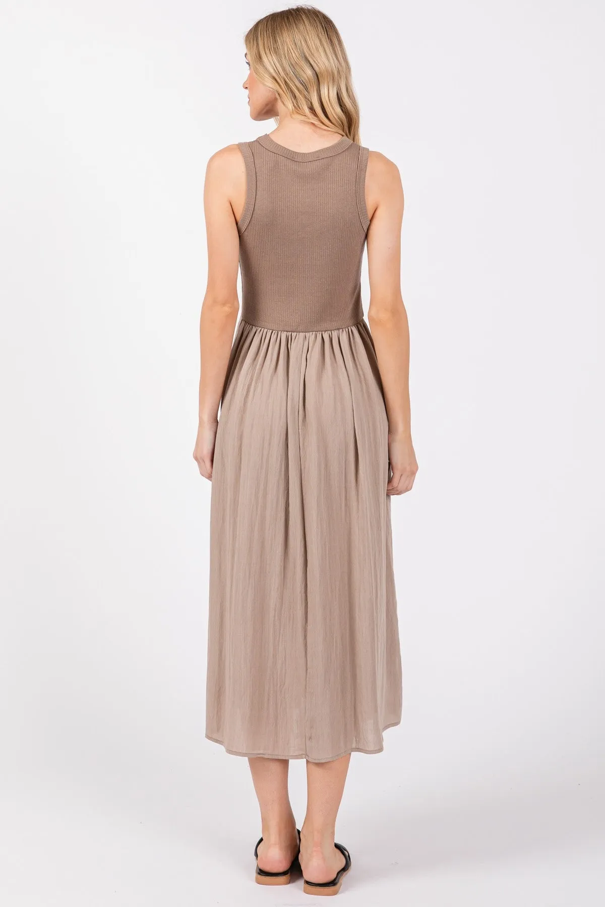 RIBBED SLEEVELESS BODICE WITH CONTRAST SKIRT MIDI DRESS