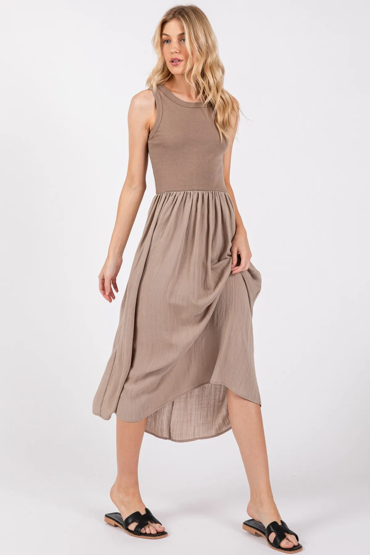 RIBBED SLEEVELESS BODICE WITH CONTRAST SKIRT MIDI DRESS