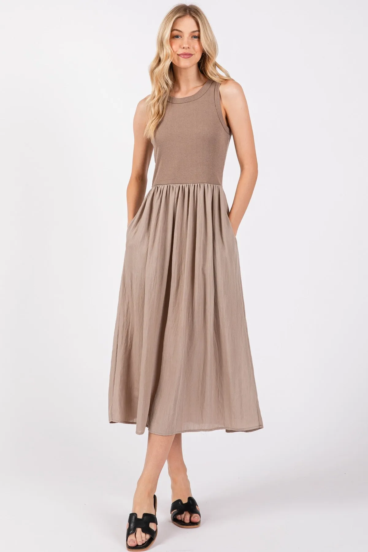 RIBBED SLEEVELESS BODICE WITH CONTRAST SKIRT MIDI DRESS