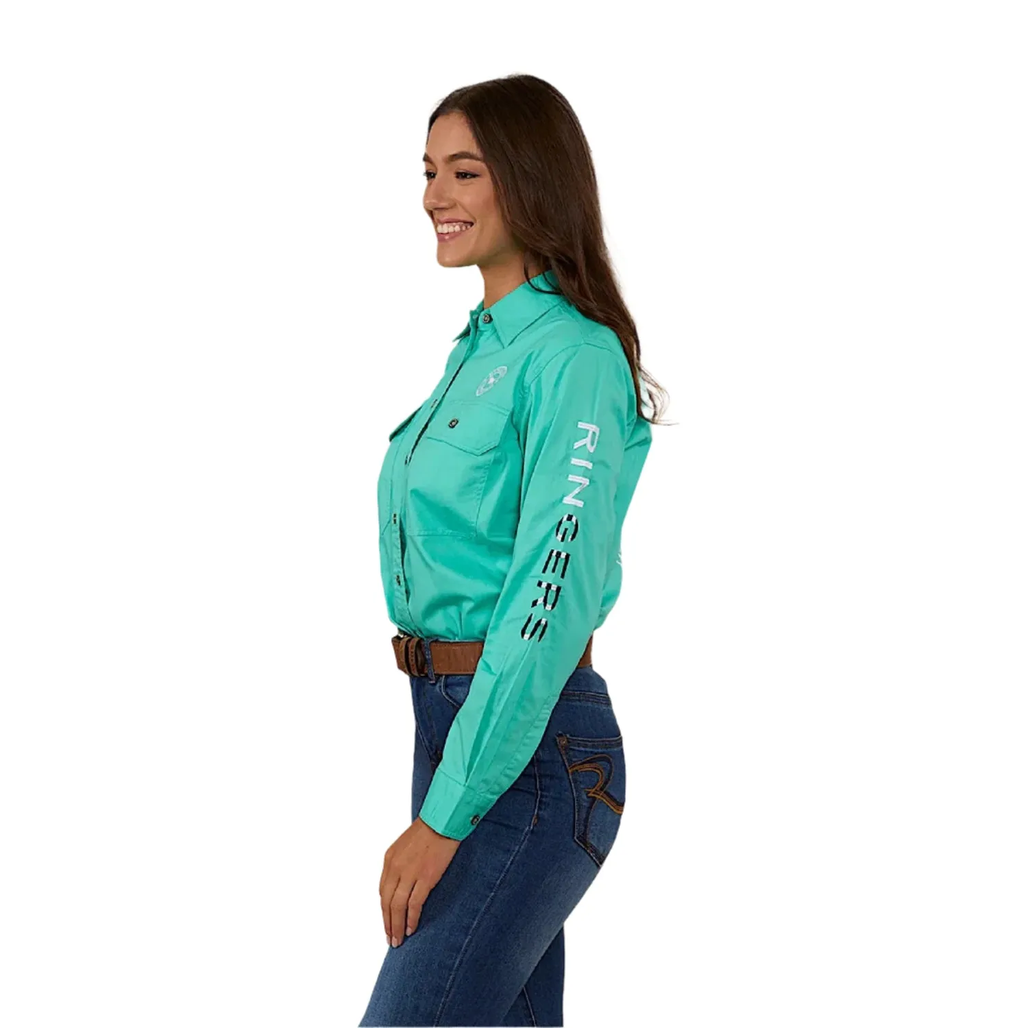 Ringers Western Women's Signature Bull Flag Full Button Work Shirt - Mint
