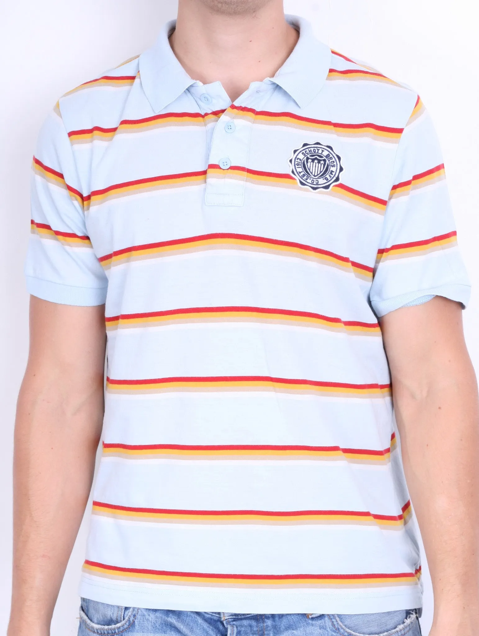 Schott Bros.Inc Mens XL Polo Shirt Blue Short Sleeve Summer Striped