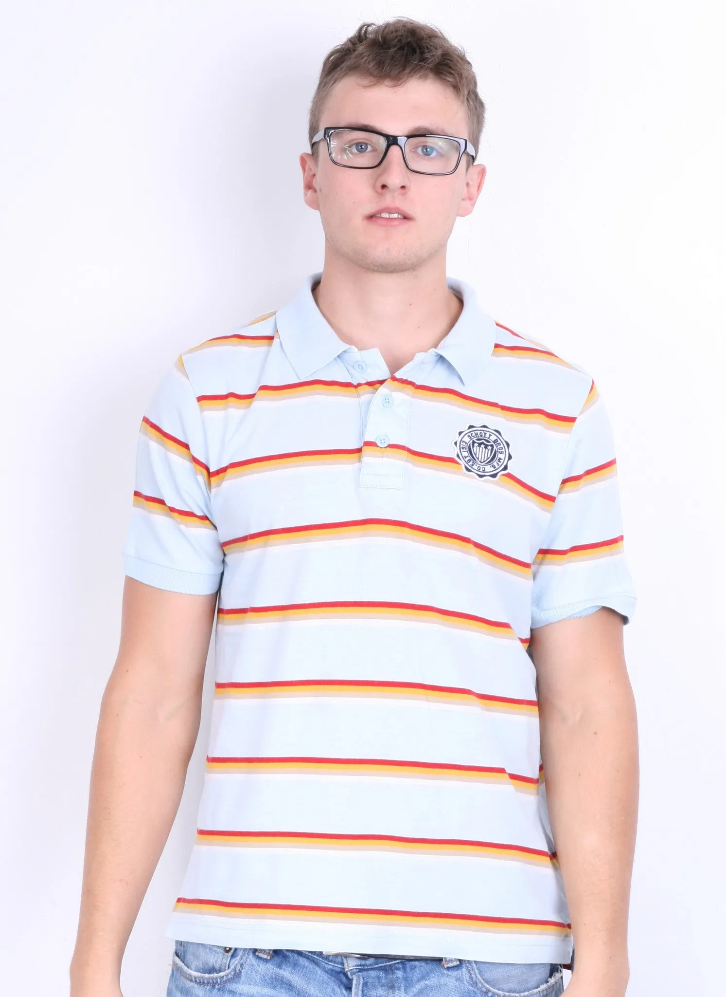 Schott Bros.Inc Mens XL Polo Shirt Blue Short Sleeve Summer Striped