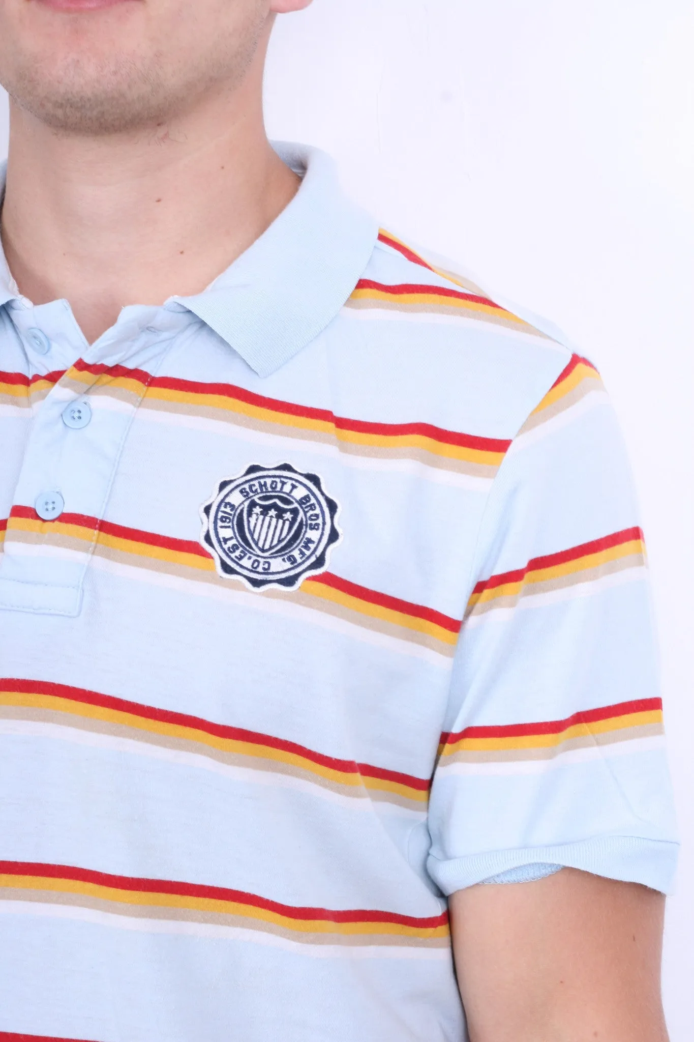 Schott Bros.Inc Mens XL Polo Shirt Blue Short Sleeve Summer Striped