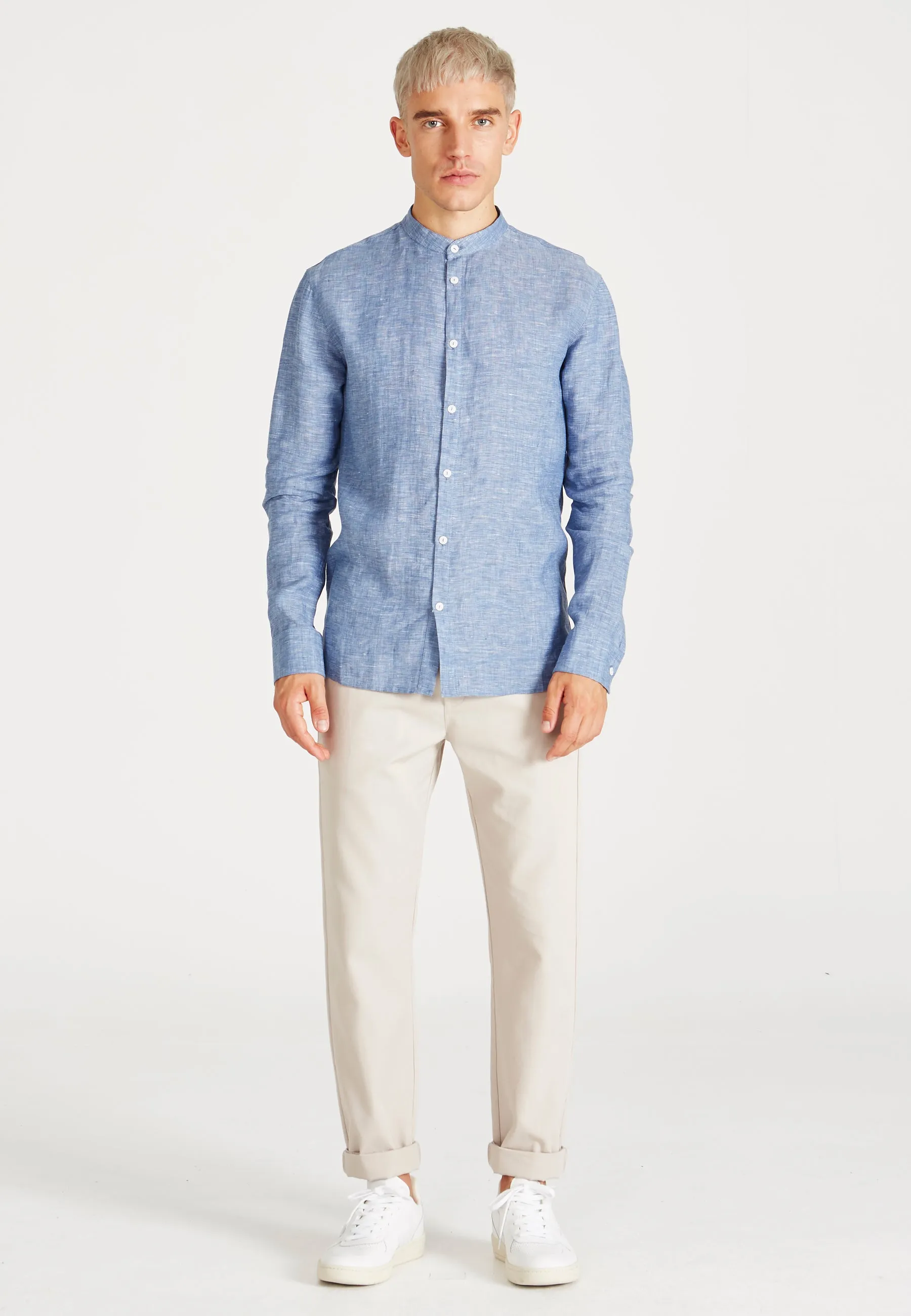 Stand-up collar linen shirt WES - Blue (Structure, Linen) Givn Berlin