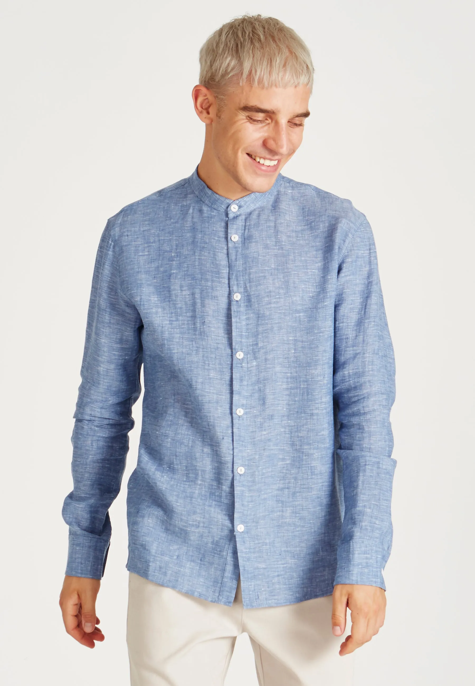 Stand-up collar linen shirt WES - Blue (Structure, Linen) Givn Berlin