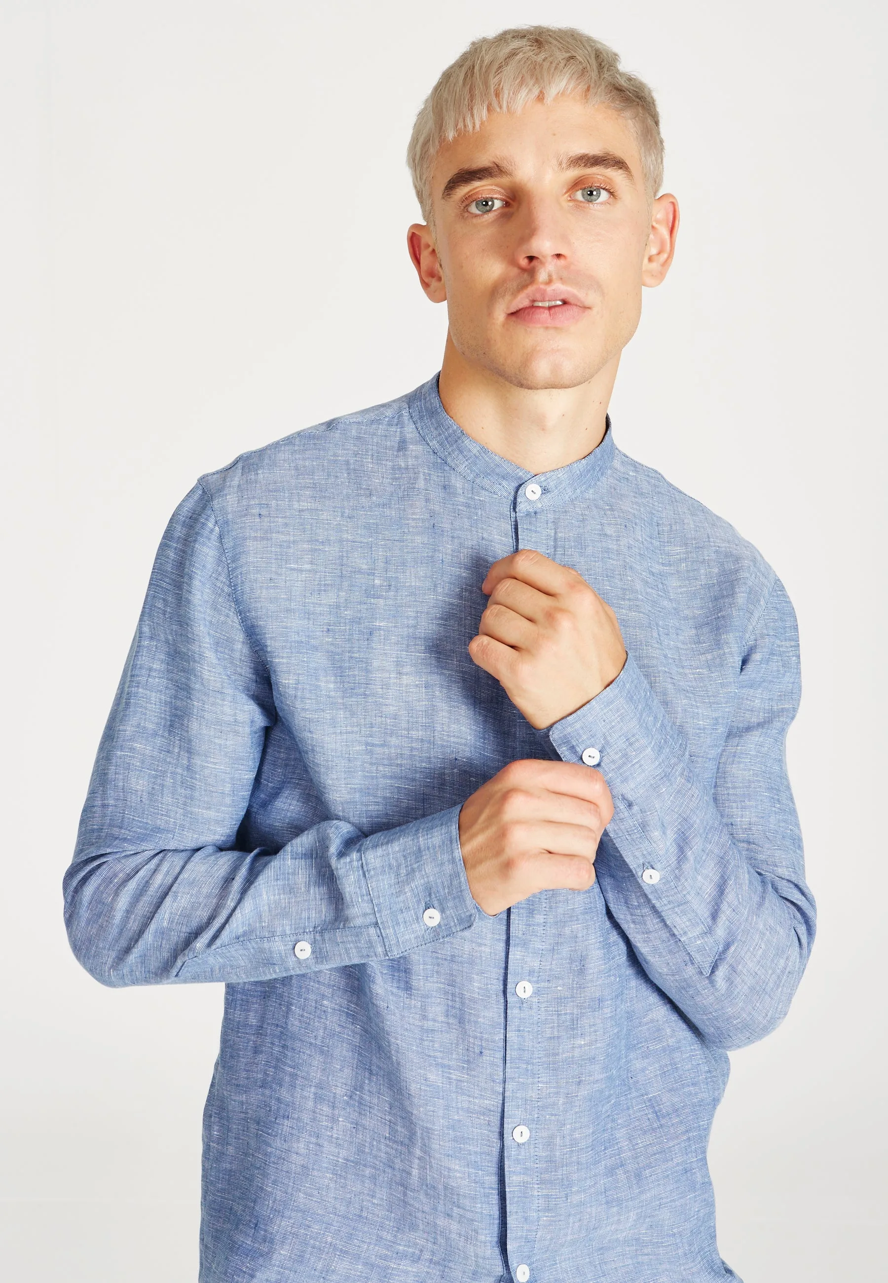 Stand-up collar linen shirt WES - Blue (Structure, Linen) Givn Berlin