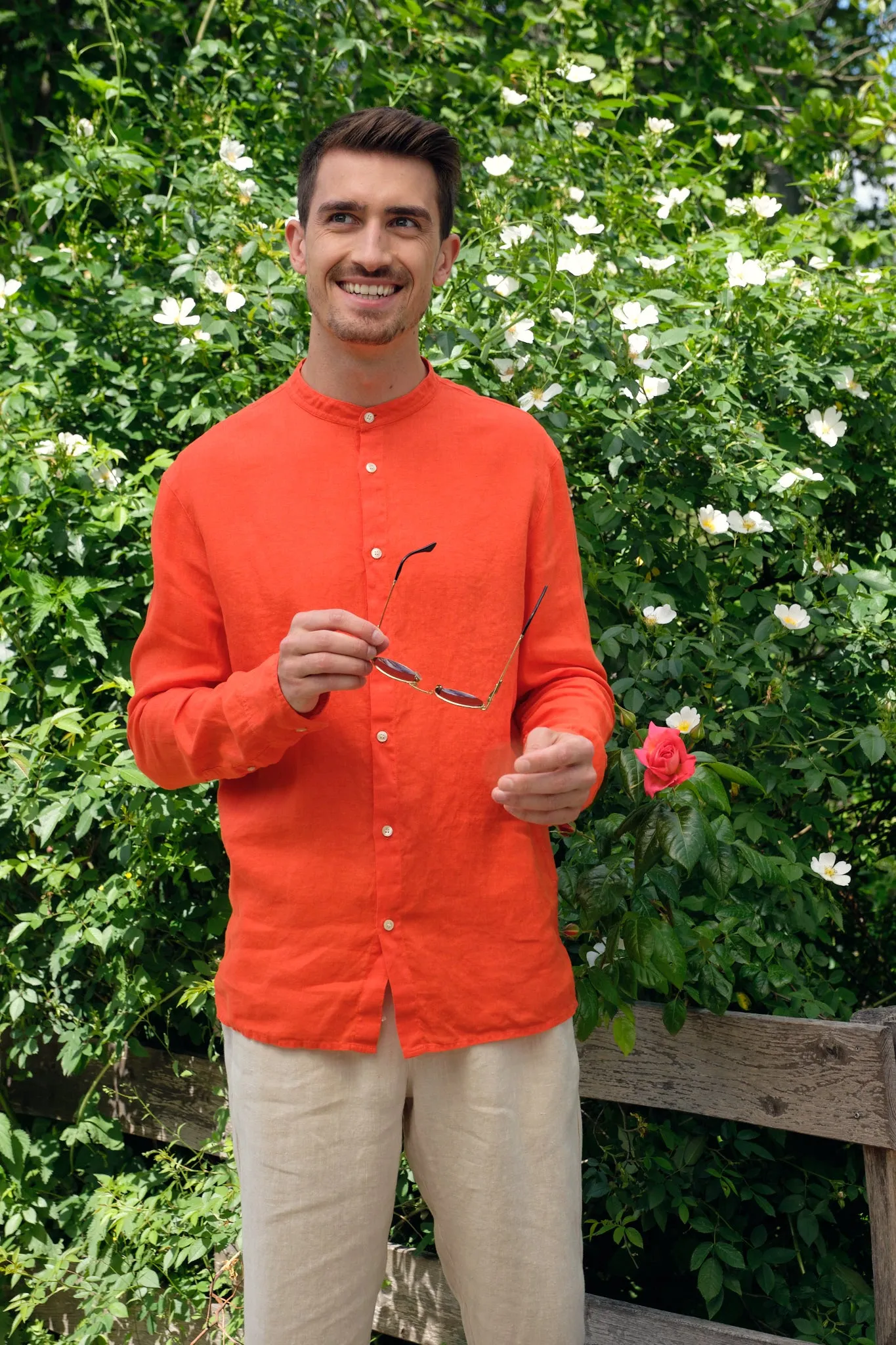 Stand-up collar linen shirt WES - Sunset Orange (Linen) Givn Berlin