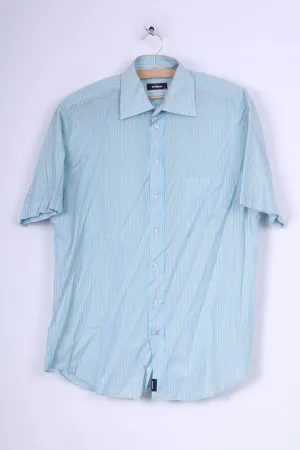 Strellson Mens L 40 15.5 Casual Shirt Blue Striped Cotton Short Sleeve