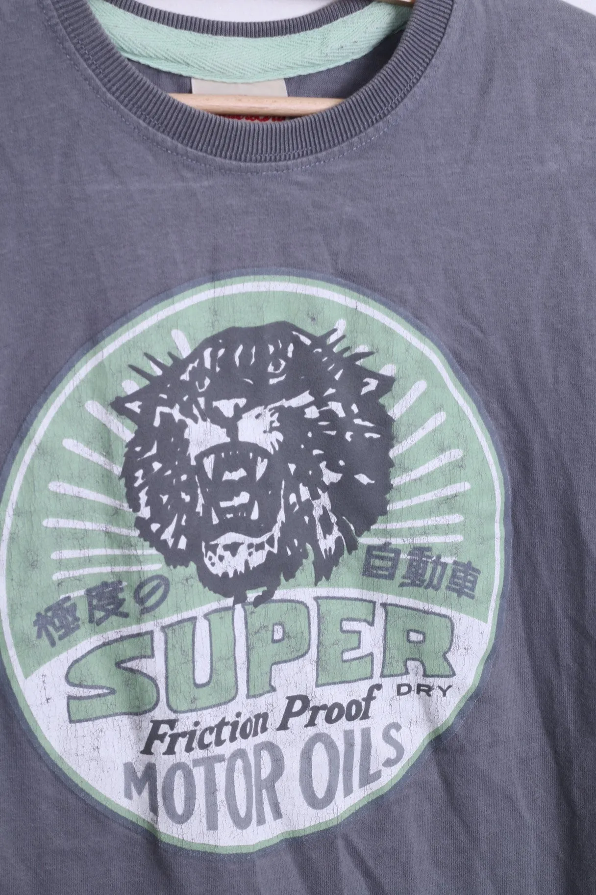 Superdry Mens S T-Shirt Motor Oils Collar Cotton Japan Style Grey