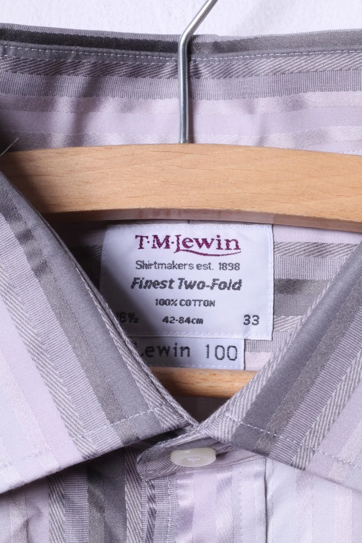 T.M.Lewin Mens 16.5 33 L Casual Shirt Grey Cotton Striped Cuff Elegant Top