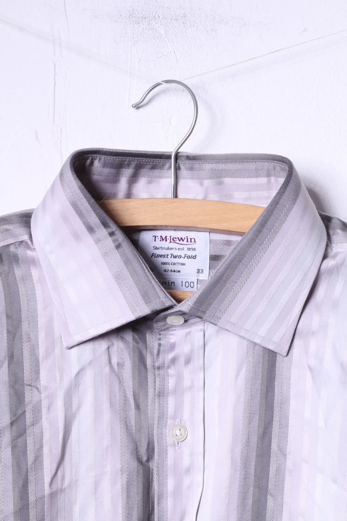 T.M.Lewin Mens 16.5 33 L Casual Shirt Grey Cotton Striped Cuff Elegant Top