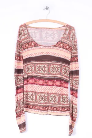Vintage Womens L Shirt Brown Long Sleeve Multiprint Crew Neck Hippie Boho Top