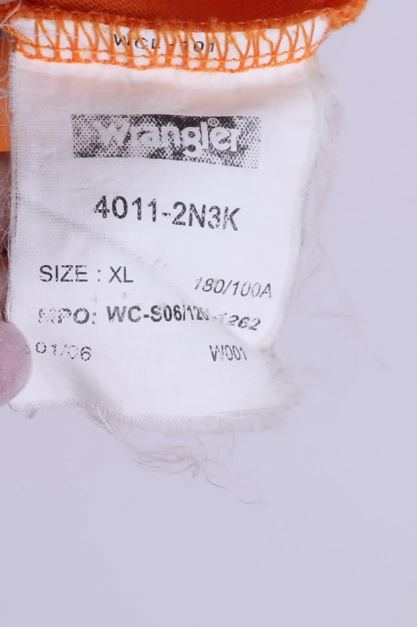 Wrangler Mens XL T-Shirt Orange Cotton Crew Neck Amazon Embroidered Back