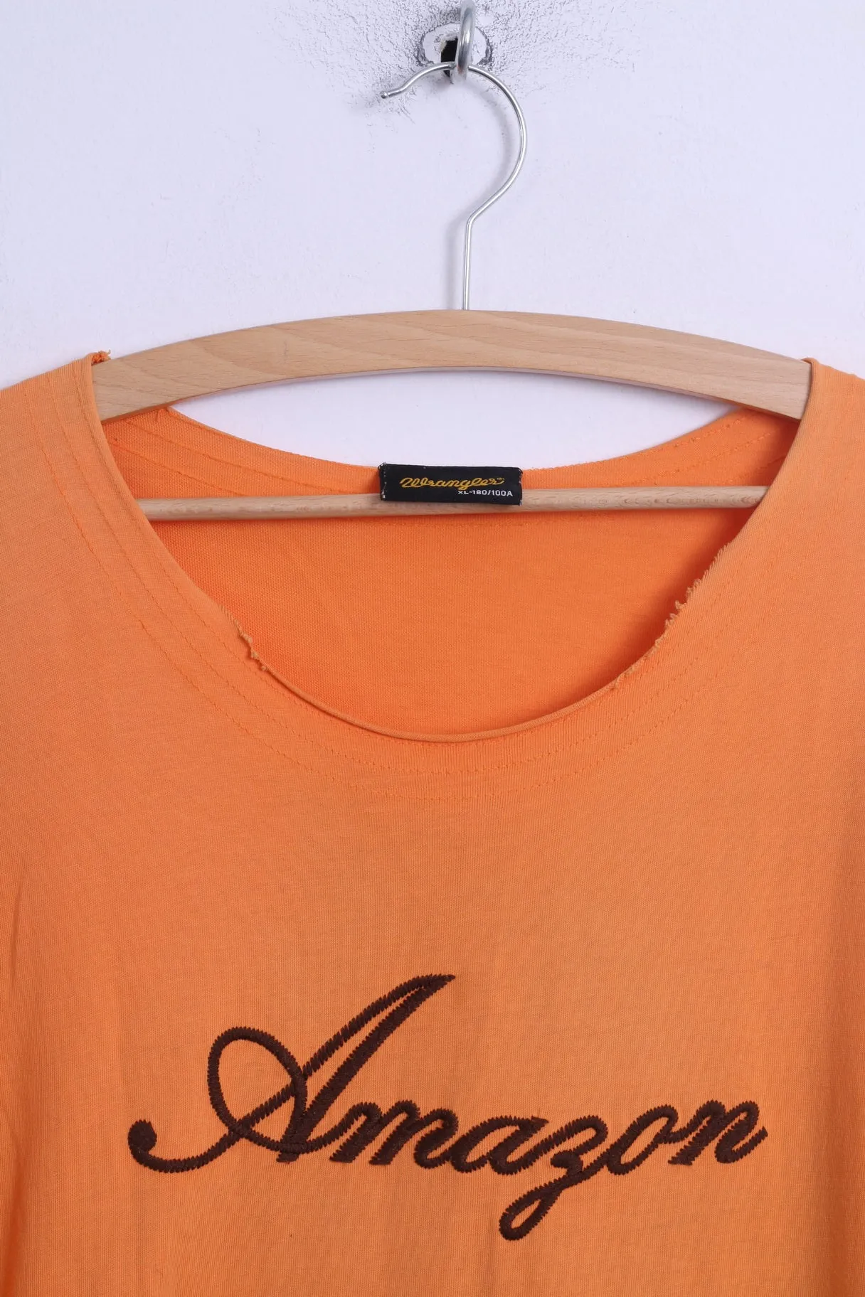 Wrangler Mens XL T-Shirt Orange Cotton Crew Neck Amazon Embroidered Back