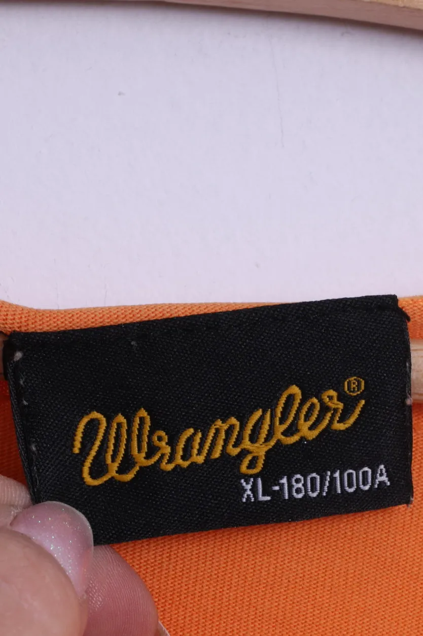 Wrangler Mens XL T-Shirt Orange Cotton Crew Neck Amazon Embroidered Back