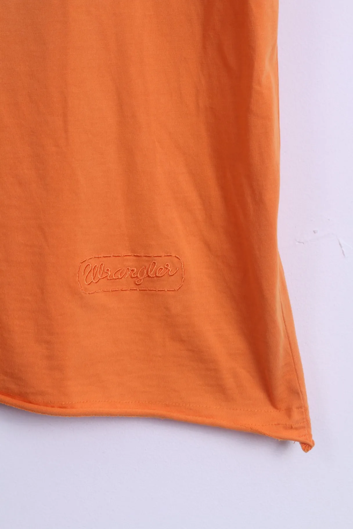 Wrangler Mens XL T-Shirt Orange Cotton Crew Neck Amazon Embroidered Back